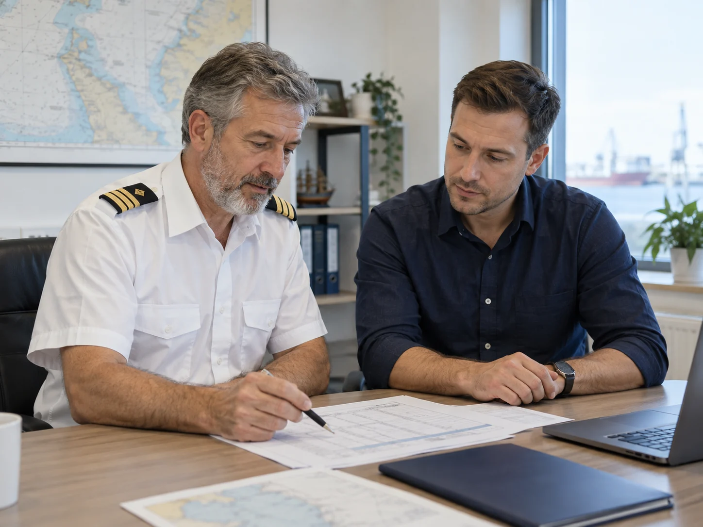 Illustration of a captain and crew coordinator reviewing crew-planning documents